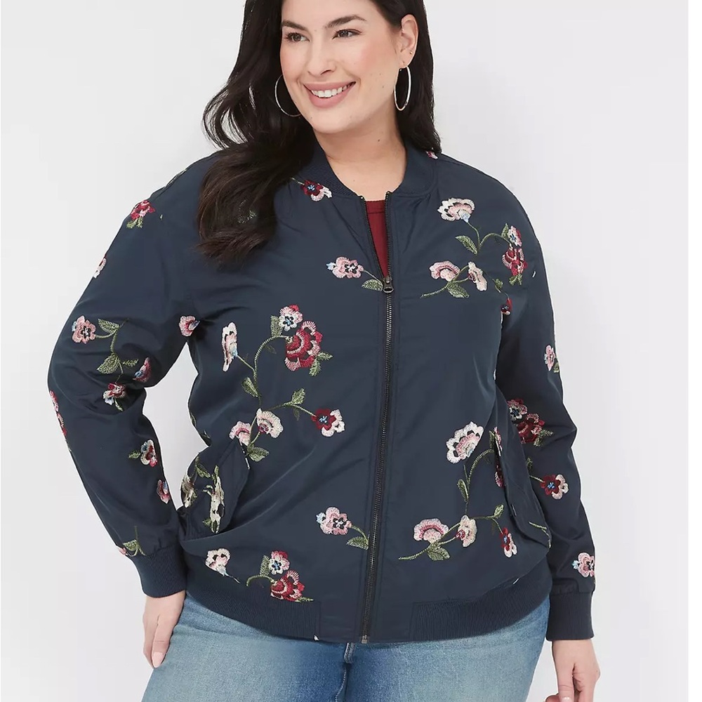 Lane Bryant Navy Floral Bomber Jacket